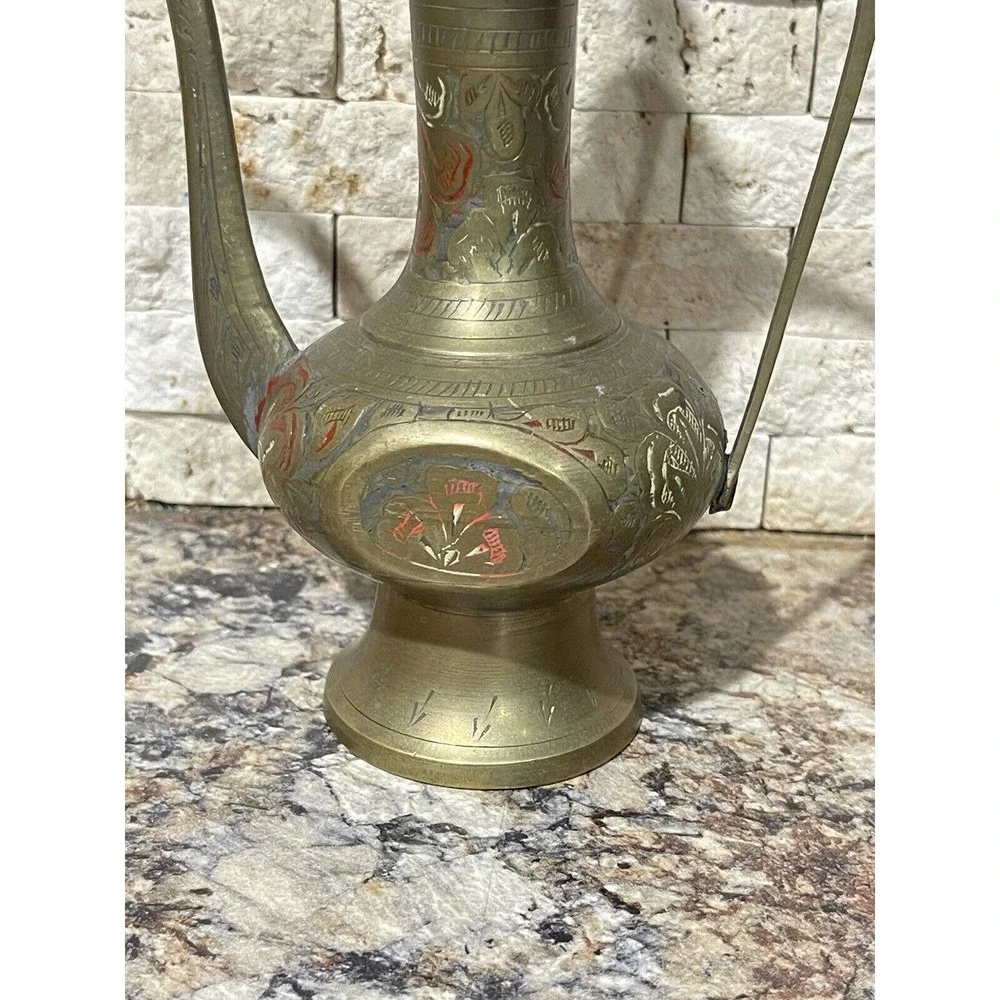 Vintage Brass Teapot Genie Lamp Pitcher Made in India Ornate Etched‎ 9